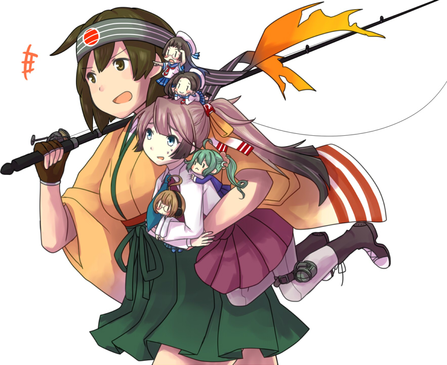 &gt;:&lt; &gt;:d 6+girls :d ahoge beret black_hair blue_eyes blush boots brown_eyes brown_hair carrying closed_mouth commentary_request fairy_(kantai_collection) fingerless_gloves fishing_rod gloves green_hair hat headband headphones hiryuu_(kantai_collection) iwana japanese_clothes kantai_collection kazagumo_(kantai_collection) long_hair multiple_girls necktie on_head open_mouth pantyhose ponytail school_uniform scrunchie searchlight smile white_background