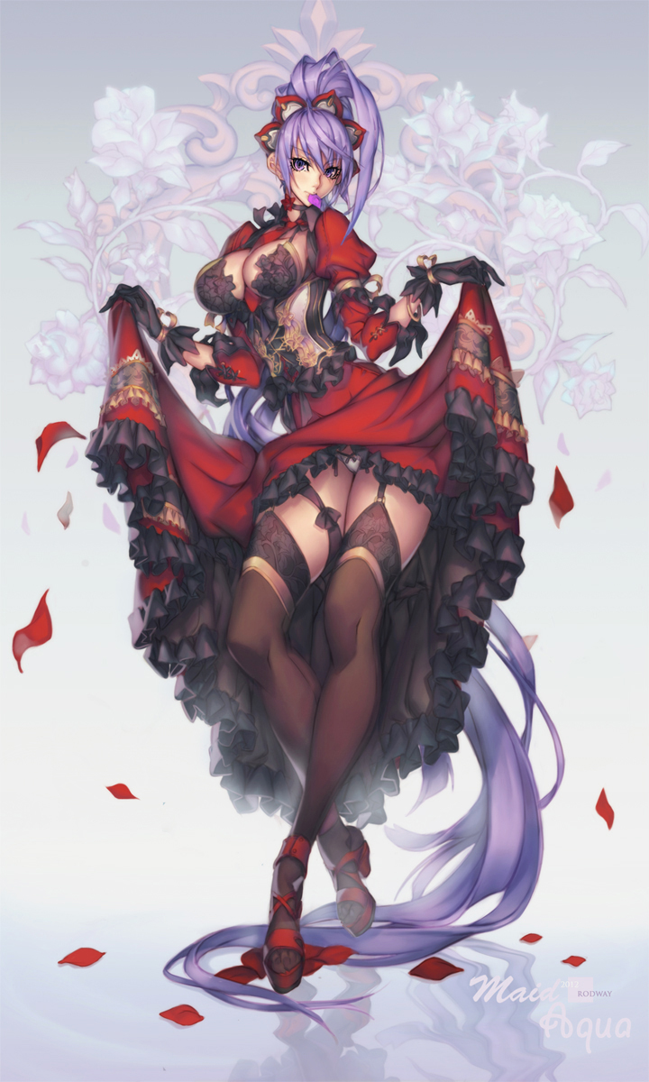 1girl artist_request black_gloves black_legwear breasts character_request copyright_request floral_background full_body garter_straps gloves head_tilt high_ponytail highres juliet_sleeves long_sleeves medium_breasts mouth_hold petals platform_footwear puffy_sleeves purple_hair red_shoes rodway shoes skirt skirt_lift solo thigh-highs violet_eyes