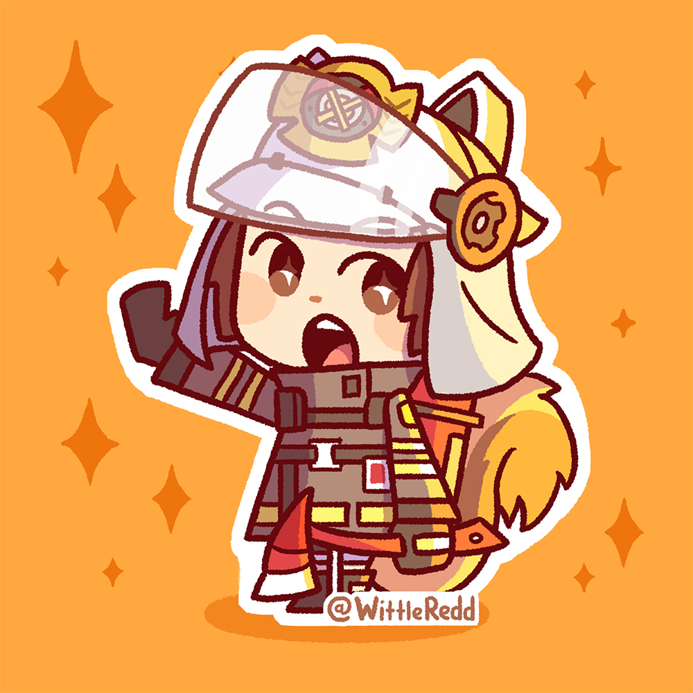 1girl animal_ears_helmet arknights arm_up axe black_footwear black_gloves black_jacket brown_hair chibi english_commentary fire_helmet fire_jacket firefighter full_body gloves helmet holding holding_axe jacket long_sleeves looking_at_viewer open_mouth orange_background shaw_(arknights) short_hair solo squirrel_girl squirrel_tail star_(symbol) symbol-shaped_pupils tail teeth twitter_username upper_teeth wittleredd