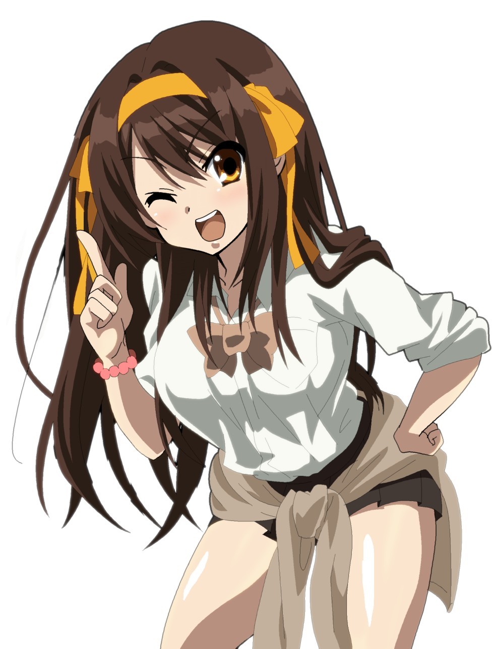 1girl alternate_costume alternate_hair_length alternate_hairstyle bracelet brown_eyes brown_hair clothes_around_waist hairband highres index_finger_raised jacket_around_waist jewelry long_hair momoiro_tanuki one_eye_closed school_uniform suzumiya_haruhi suzumiya_haruhi_no_shoushitsu suzumiya_haruhi_no_yuuutsu