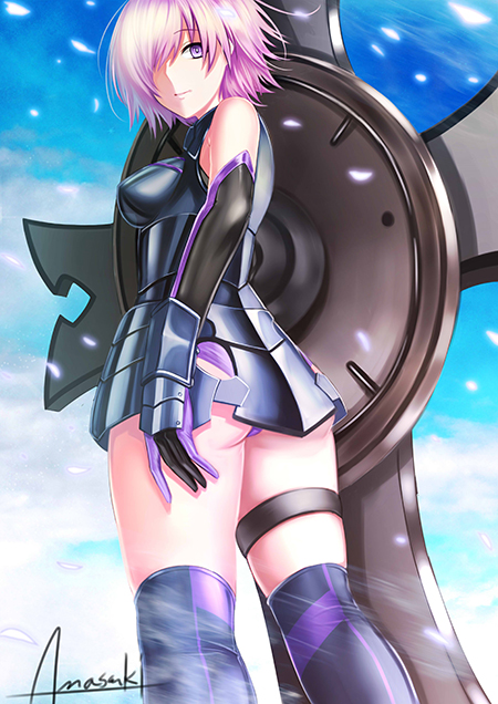 1girl armor artist_name ass breasts closed_mouth day fate/grand_order fate_(series) from_behind hair_over_one_eye looking_back medium_breasts outdoors purple_hair shield shielder_(fate/grand_order) short_hair signature smile solo standing thigh_strap violet_eyes wa-kun wind