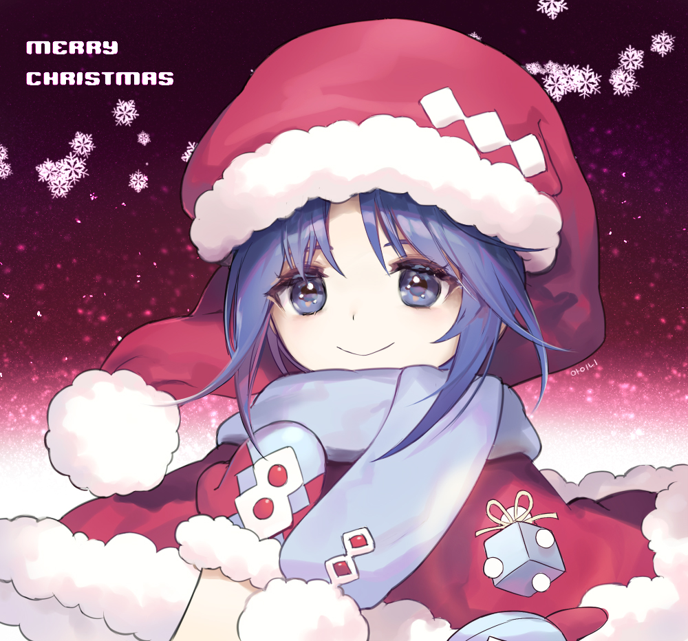 1girl ainy77 blue_eyes blue_hair blue_scarf capelet christmas cube doremy_sweet fur-trimmed_gloves fur_trim gloves hat looking_at_viewer matching_hair/eyes merry_christmas mittens pom_pom_(clothes) purple_background red_gloves red_hat santa_costume santa_hat scarf smile snowflakes solo touhou upper_body