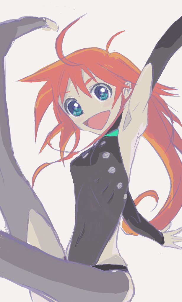 1girl :d ahoge antenna_hair aqua_eyes artist_request bangs breasts chaps covered_navel eyebrows eyebrows_visible_through_hair flip_flappers hair_between_eyes leotard long_hair looking_at_viewer open_mouth orange_hair papika_(flip_flappers) silver_background simple_background small_breasts smile solo source_request toeless_legwear