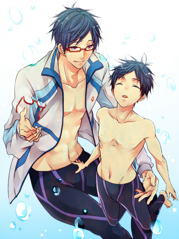 2boys adonis_belt air_bubble blue_hair bubble child closed_eyes closed_mouth dual_persona floating free! glasses glasses_removed groin jacket light_smile looking_at_another male_swimwear multiple_boys navel nipples open_clothes open_jacket open_mouth red-framed_eyewear ryuugazaki_rei shirtless smile swimwear time_paradox underwater
