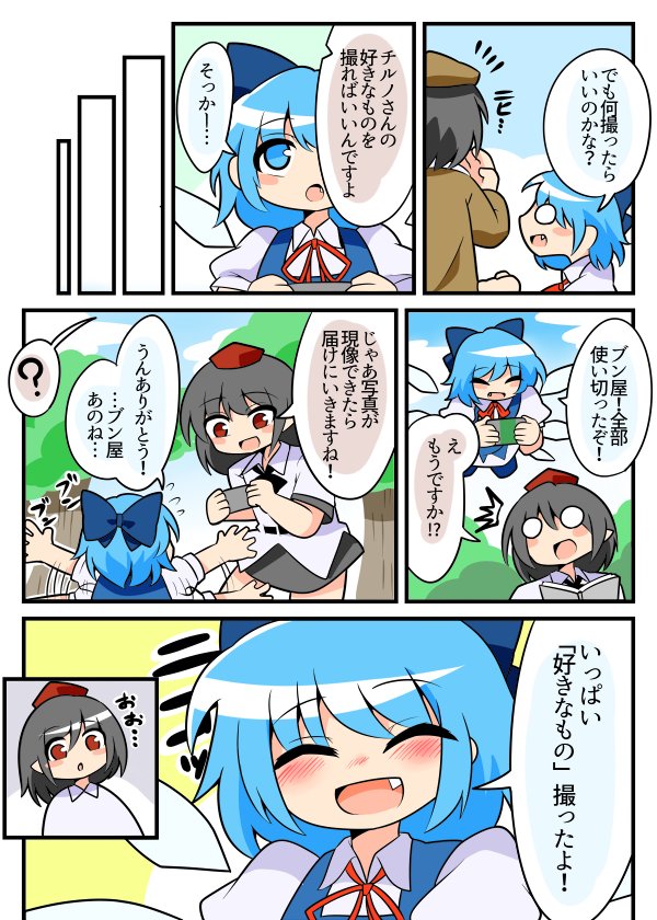 2girls ? blue_dress blue_eyes blue_hair blush bow brown_clothes brown_hat camera cirno closed_eyes comic disguise disposable_camera dress hair_bow hat ice ice_wings multiple_girls open_mouth peku029 pointy_ears red_eyes shameimaru_aya spoken_question_mark tokin_hat touhou translation_request white_eyes wings