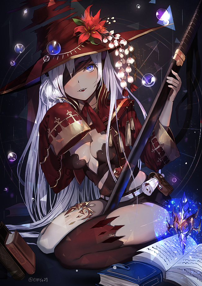 1girl bandage_over_one_eye belt black_legwear blue_eyes blush book breasts bubble cleavage full_body hair_ornament hat holding holding_sword holding_weapon kanzashi long_hair magic medium_breasts mismatched_legwear open_book original parted_lips scroll sheath sheathed silver_hair sitting sleeves_past_wrists slit_pupils solo sword thigh-highs twitter_username very_long_hair weapon white_background witch witch_hat yumaomi