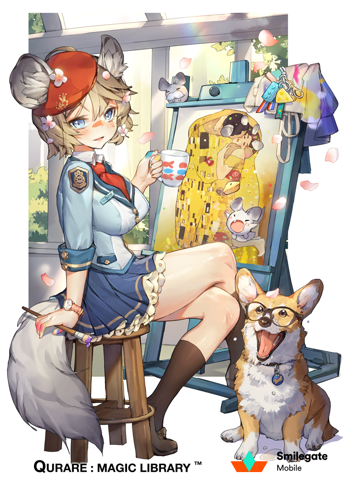 1girl ahoge animal animal_ears apron beret black-framed_eyewear black_legwear blue_eyes blue_shirt blue_skirt blush breasts brown_hair brown_shoes canvas_(object) character_request collar collared_shirt company_name copyright_name crossed_legs cup dog easel emblem english facial_hair fang fine_art_parody fish_print from_side full_body glasses gustav_klimt_(style) hat head_tilt holding hug keychain kneehighs medium_breasts mug mustache neckerchief open_mouth paint paintbrush parody parted_lips petals plant pleated_skirt qurare_magic_library red_hat school_uniform serafuku shirt shoes short_hair sitting skirt stool tail the_kiss watch watch watermark whoisshe window wing_collar