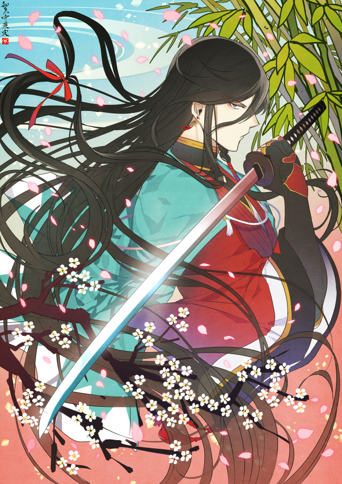 1boy bamboo black_hair blue_eyes branch earrings flower hair_ribbon haori hebino_rai izumi-no-kami_kanesada japanese_clothes jewelry katana male_focus petals profile ribbon shinsengumi sword touken_ranbu weapon