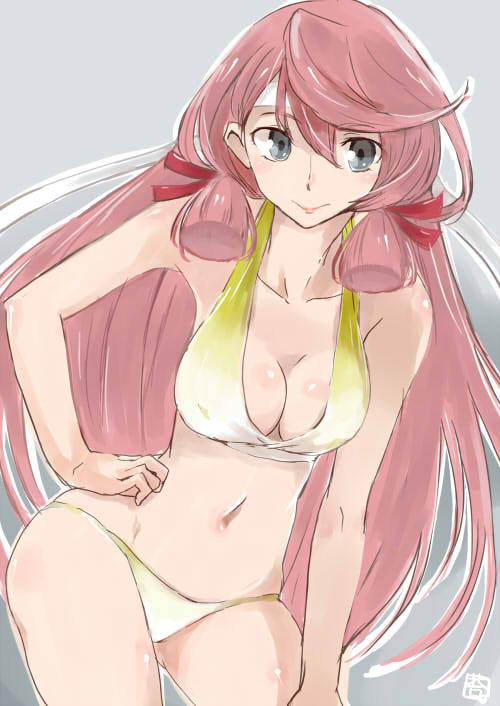 1girl akashi_(kantai_collection) bandana bikini blue_eyes breasts cleavage hair_ribbon hand_on_hip kantai_collection kote_(dew) large_breasts long_hair looking_at_viewer navel ocean pink_hair ribbon smile solo swimsuit tress_ribbon twintails