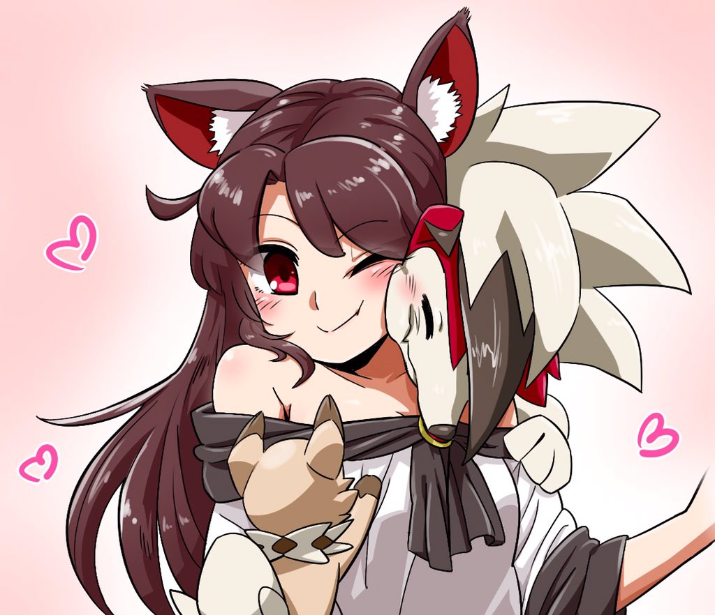 1girl animal_ears bare_shoulders blush brooch brown_hair cheek_press closed_eyes crossover heart imaizumi_kagerou jewelry long_hair lycanroc noel_(noel-gunso) one_eye_closed pokemon pokemon_(creature) pokemon_(game) pokemon_sm red_eyes rockruff sleeve_pushed_up sleeves_pushed_up smile touhou upper_body wolf_ears