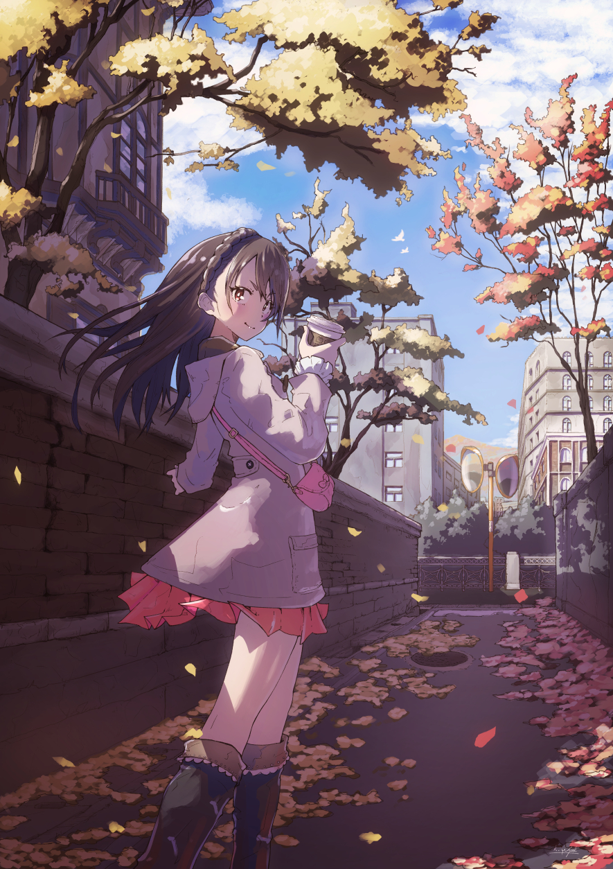 1girl alley artist_name autumn autumn_leaves bag balcony bird black_boots boots braid brick_wall brown_eyes brown_hair building city closed_mouth clouds cloudy_sky coat crown_braid cup day drink flock handbag highres holding holding_cup kagawa_yuusaku long_hair looking_at_viewer looking_back manhole_cover original outdoors pink_coat pleated_skirt red_skirt skirt sky smile solo tree wind