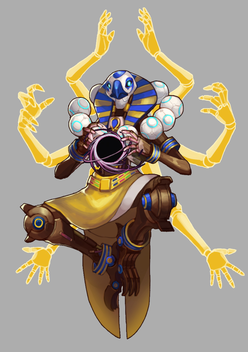 1boy alternate_costume drogod egyptian_clothes extra_arms floating looking_at_viewer mask meditation multiple_arms orb overwatch ra_zenyatta robot solo zenyatta_(overwatch)