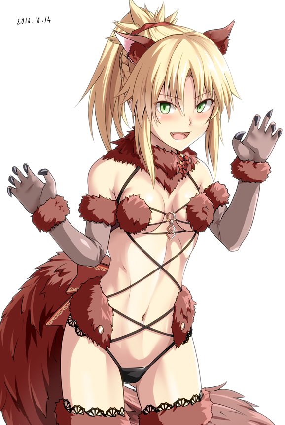 &gt;:d 1girl :d alternate_costume animal_ears ass_visible_through_thighs black_panties blonde_hair braid breasts claws cowboy_shot dated elbow_gloves fang fate/apocrypha fate/grand_order fate_(series) french_braid fur gloves green_eyes grey_gloves hair_ribbon halloween_costume hirame_sa lace lace-trimmed_thighhighs leaning_forward navel o-ring_top open_mouth panties ponytail red_legwear red_ribbon ribbon saber_of_red sidelocks small_breasts smile solo stomach tail thigh-highs underwear white_background wolf_ears wolf_tail