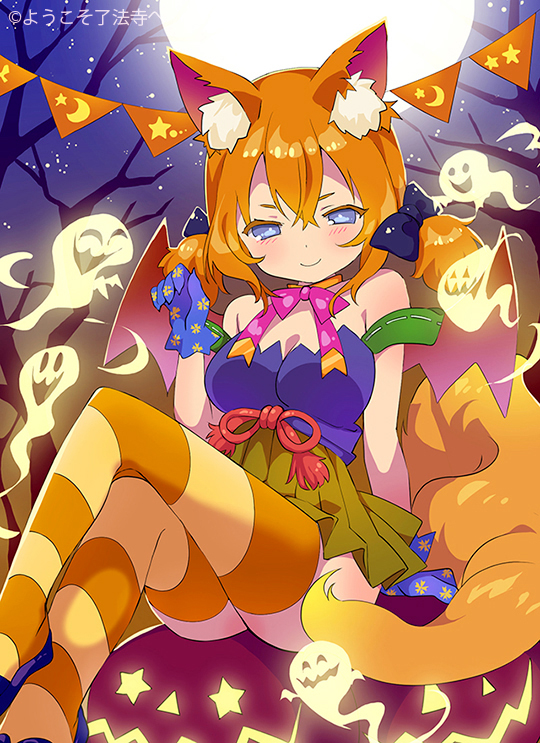 1girl animal_ears bare_shoulders bare_tree blue_eyes blue_gloves blush bow bowtie breasts closed_mouth copyright_request crossed_legs ebisque floral_print fox_ears fox_tail full_moon ghost gloves green_skirt hair_between_eyes hair_bow halloween head_tilt jack-o'-lantern medium_breasts moon night official_art orange_hair outdoors pink_bow pink_bowtie pleated_skirt sitting skirt smile solo star striped striped_legwear tail thigh-highs tree twintails watermark