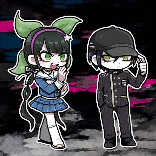 1boy 1girl adjusting_clothes adjusting_hat baseball_cap black_hair chabashira_tenko chibi dangan_ronpa double-breasted fighting_stance gakuran green_eyes hairband hand_in_pocket hat kneehighs long_hair lowres new_dangan_ronpa_v3 pinstripe_pattern ribbon saihara_shuuichi school_uniform shimada_(dmisx) short_hair twintails