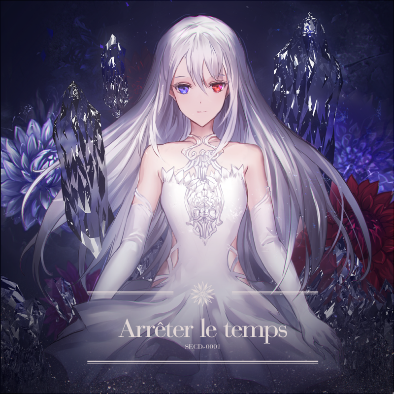 1girl album_cover arms_at_sides bare_shoulders blue_eyes breasts closed_mouth cover cowboy_shot crystal dress elbow_gloves flower gloves heterochromia light_smile long_hair looking_at_viewer makai_no_juumin original red_eyes silver_hair small_breasts solo white_dress white_gloves