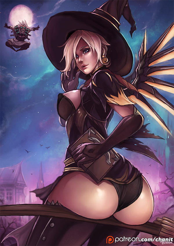 1boy 1girl 2016 :d alternate_costume ass bat black_hat black_panties blonde_hair blue_eyes book branch breasts broom broom_riding brown_dress brown_gloves brown_legwear capelet castle clouds cloudy_sky cowboy_shot dated dr._junkenstein dress earrings elbow_gloves eyelashes from_behind full_moon gloves grin halloween halloween_costume hand_to_head hand_up hat house index_finger_raised jack-o'-lantern_earrings jewelry junkrat_(overwatch) kachima looking_at_viewer looking_back mechanical_wings medium_breasts mercy_(overwatch) moon nose open_mouth outstretched_arms overwatch panties parted_lips peg_leg pelvic_curtain pink_lips short_hair short_sleeves sitting sitting_on_broom sky smile spread_wings staff star_(sky) starry_sky thigh-highs tree_branch underwear watermark weapon web_address white_hair wings witch witch_hat witch_mercy