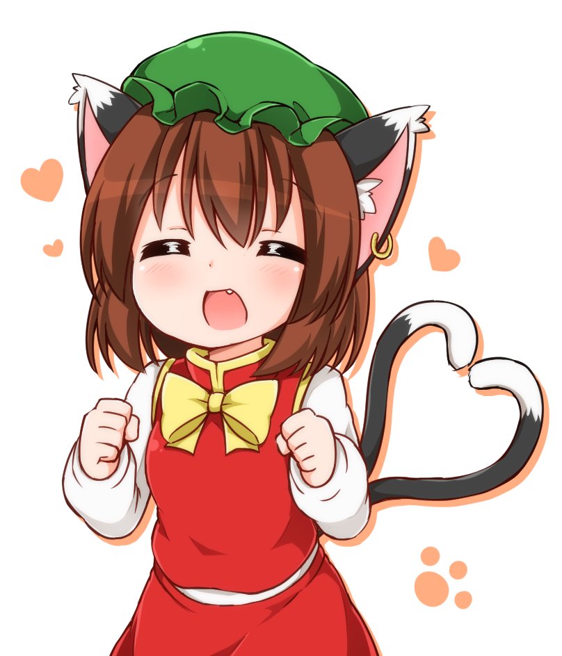 1girl ^_^ animal_ears bonnet bow bowtie brown_hair cat_ears cat_tail chen clenched_hands closed_eyes commentary eyebrows eyebrows_visible_through_hair facing_viewer fang frilled_hat frills green_hat hat heart heart_tail jewelry long_sleeves open_mouth paw_print red_skirt red_vest shirt short_hair single_earring skirt smile solo suwa_yasai tail touhou white_background white_shirt yellow_bow yellow_bowtie