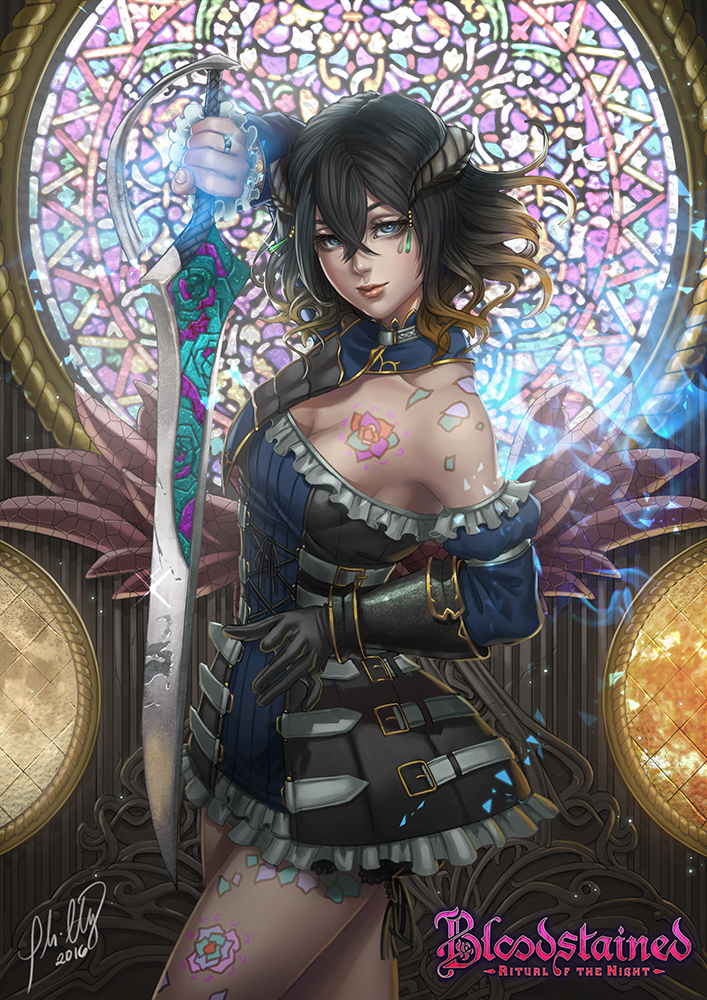 1girl 2016 belt bloodstained:_ritual_of_the_night blue_eyes blue_fire copyright_name cowboy_shot detached_sleeves dress fire gradient_hair hair_ornament jewelry lips miriam_(bloodstained) multicolored_hair phillydelphy ring signature single_glove solo stained_glass sword tattoo weapon