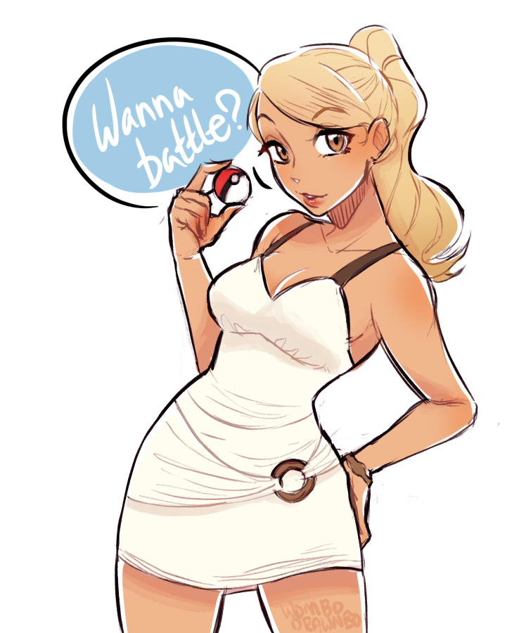 1girl blonde_hair bracelet breasts brown_eyes character_request cleavage commentary dress hand_on_hip holding holding_poke_ball jewelry lips medium_breasts npc poke_ball pokemon pokemon_(game) pokemon_sm ponytail short_dress solo tan white_dress wombo_drawnbo