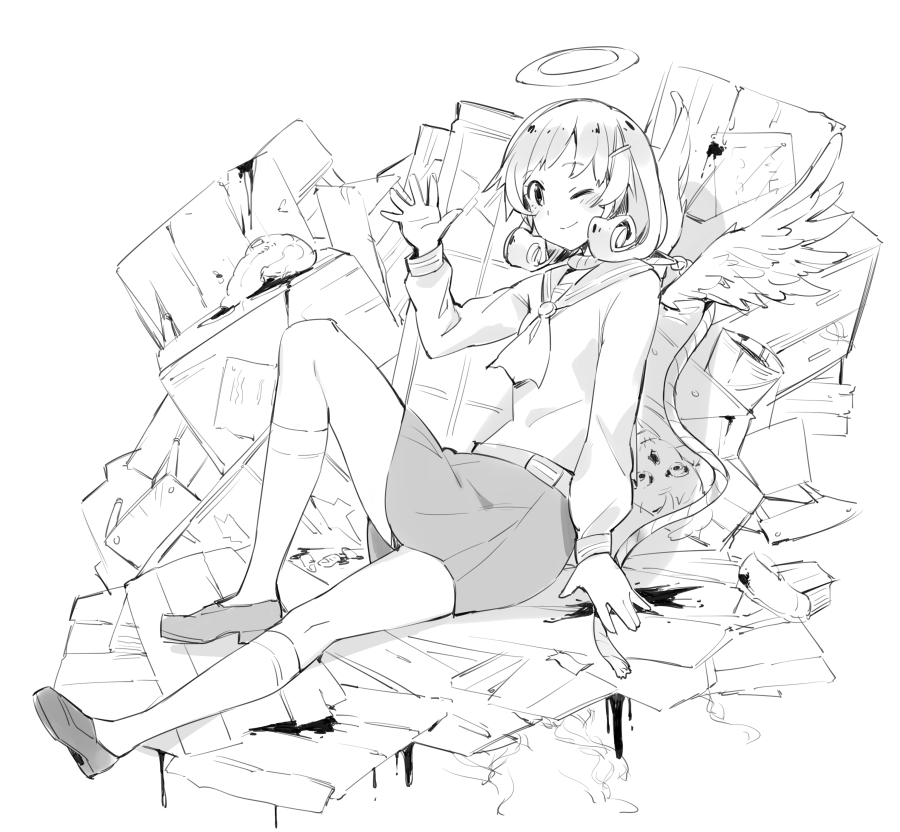 1girl ;) arm_support blood blush bucket closed_mouth corpse corpse_party full_body gebyy-terar hair_ornament hairclip halo head_tilt kneehighs loafers long_sleeves monochrome noose one_eye_closed school_uniform serafuku shinohara_seiko shirt shoes sitting sketch skirt smile spoilers waving wings