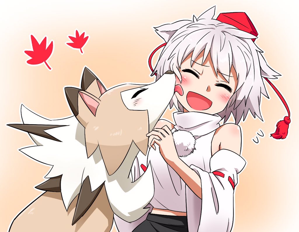 animal_ears bare_shoulders cheek_licking closed_eyes crossover detached_sleeves face_licking hat inubashiri_momiji leaf licking lycanroc maple_leaf midriff noel_(noel-gunso) pokemon pokemon_(creature) pokemon_(game) pokemon_sm pom_pom_(clothes) red_hat ribbon-trimmed_sleeves ribbon_trim short_hair tokin_hat touhou upper_body white_hair wide_sleeves wolf_ears