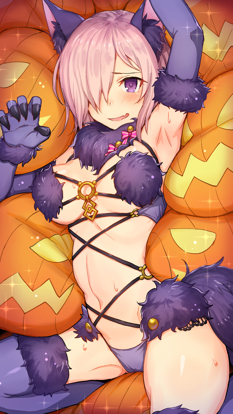 1girl animal_costume animal_ears arm_up armpits blush claw_pose claws embarrassed fang fate/grand_order fate_(series) glowing hair_over_one_eye halloween halloween_costume highres jack-o'-lantern lace_trim looking_at_viewer navel o-ring one_eye_covered panties pumpkin purple_hair purple_legwear purple_panties revealing_clothes shielder_(fate/grand_order) shiny shiny_skin short_hair shouhei smile solo sparkle stuck stuffed_toy sweat tail thigh-highs underwear violet_eyes wolf_costume wolf_ears wolf_tail