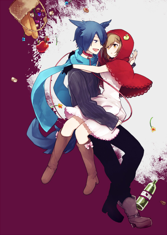 1boy 1girl animal_ears basket blue_eyes blue_hair boots bread breasts brown_eyes brown_hair carrying collar dress flower food gloves hood hood_up kaito knee_boots leash little_red_riding_hood looking_at_another meiko open_mouth red_cloak redbear07 scarf short_hair simple_background smile tail vocaloid wolf_ears wolf_tail