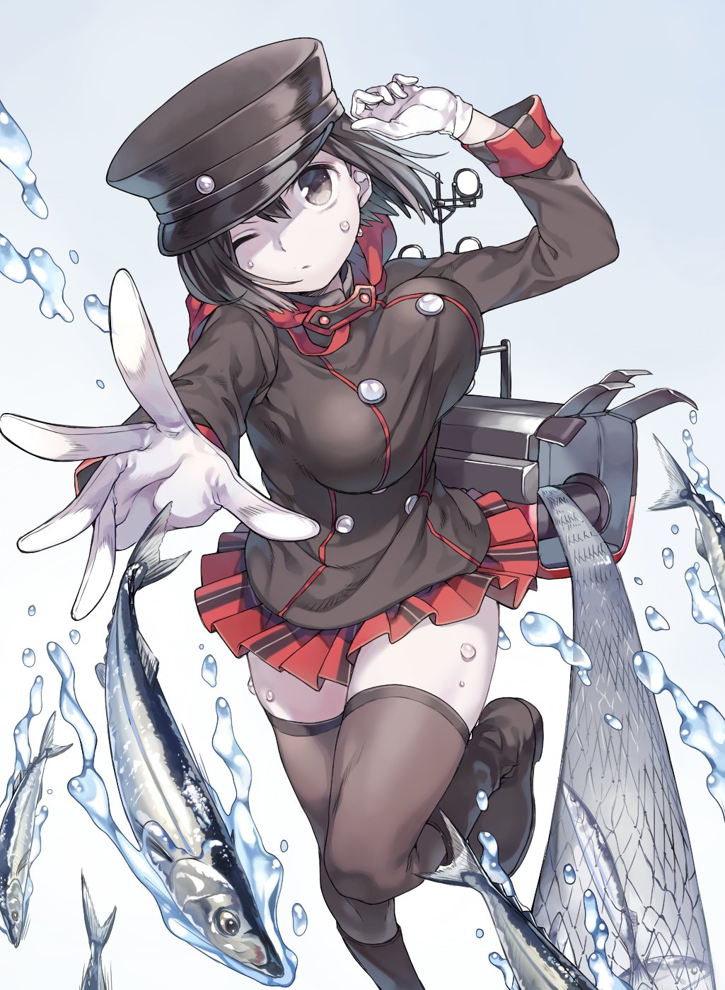 1girl akitsu_maru_(kantai_collection) alternate_costume black_hair black_legwear black_shirt bouncing_breasts breasts buttons commentary_request fish foreshortening gloves grey_eyes hair_between_eyes hat highres kantai_collection large_breasts long_sleeves looking_at_viewer machinery one_eye_closed pale_skin peaked_cap pleated_skirt reaching_out red_skirt rojiko running shirt short_hair skirt solo thigh-highs water white_gloves