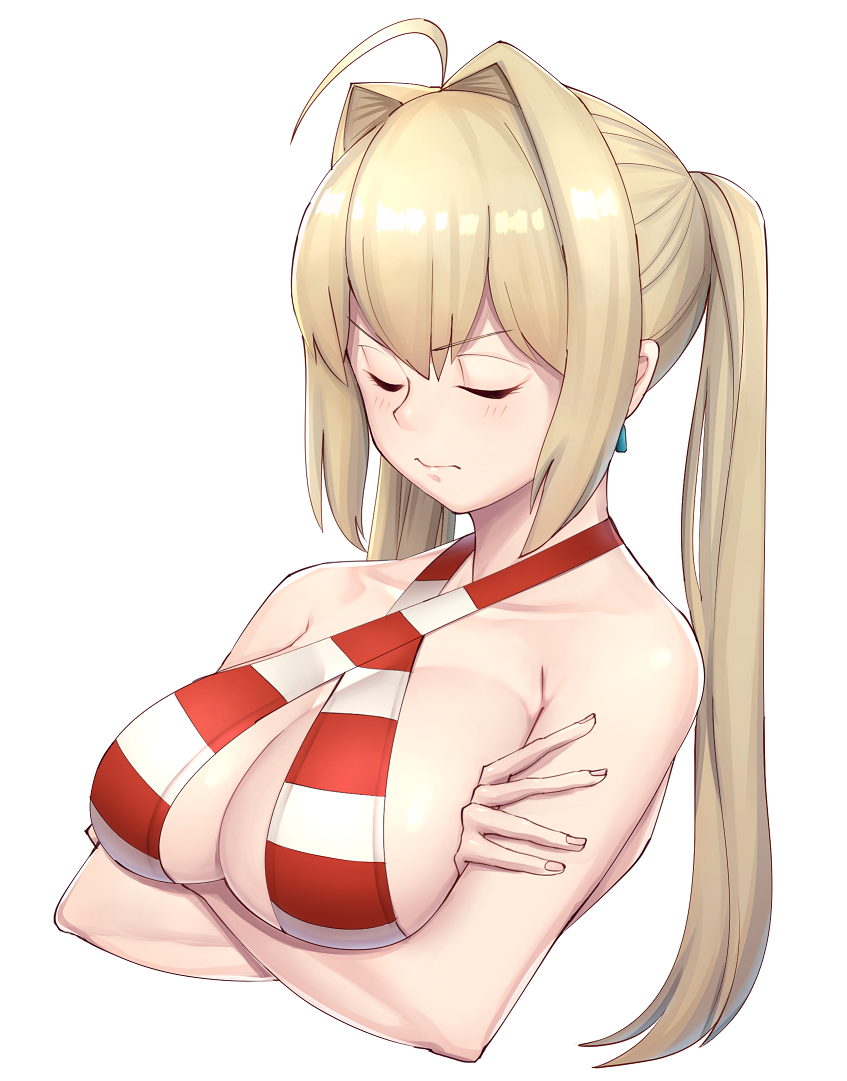 1girl ahoge bikini blonde_hair blush breast_hold breasts closed_eyes closed_mouth criss-cross_halter crossed_arms eyebrows_visible_through_hair fate/grand_order fate_(series) hair_iron halter_top halterneck large_breasts long_hair michihasu nero_claudius_(fate)_(all) nero_claudius_(swimsuit_caster)_(fate) sidelocks simple_background solo striped striped_bikini swimsuit twintails upper_body white_background