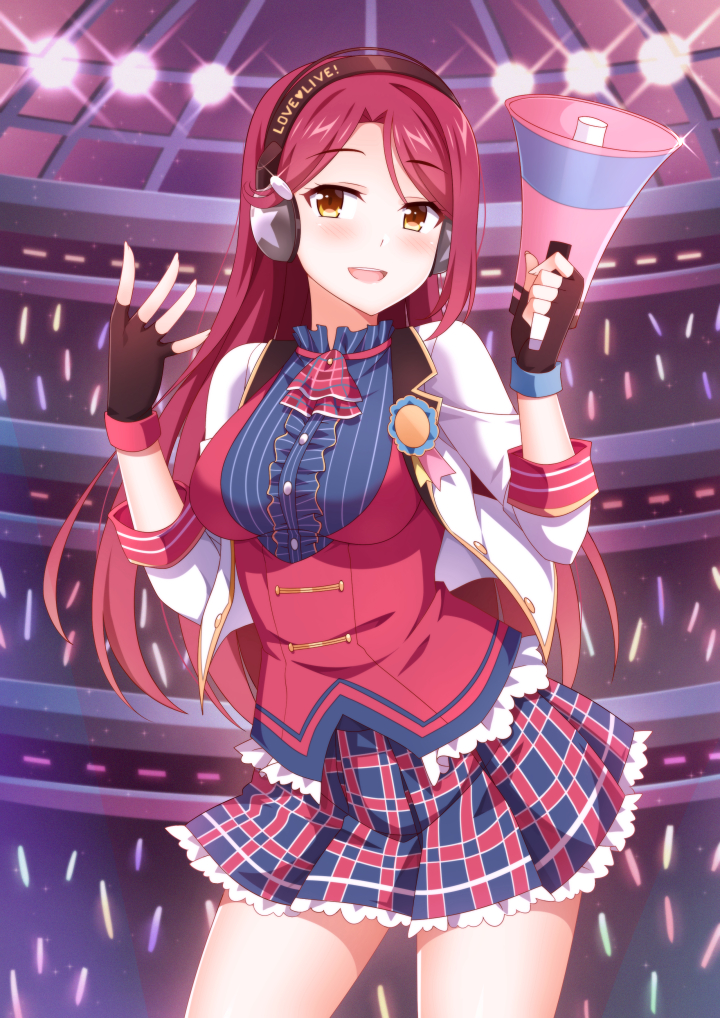 :d ascot black_gloves blush breasts contrapposto cowboy_shot cropped_jacket fingerless_gloves frilled_shirt frilled_skirt frills gloves headset idol jacket light_switch long_hair long_sleeves looking_at_viewer love_live! love_live!_school_idol_project love_live!_sunshine!! medium_breasts megaphone mmrailgun open_clothes open_jacket open_mouth plaid plaid_skirt red_vest redhead sakurauchi_riko shirt skirt smile striped striped_shirt vertical-striped_shirt vertical_stripes white_jacket yellow_eyes