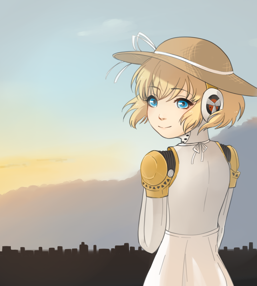 1girl aegis aegis_(persona) android blonde_hair blue_eyes catmouth hat headphones persona persona_3 robot_joints straw_hat sunset