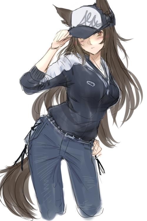 1girl alternate_costume animal_ears belt black_hat black_jacket blush brown_eyes brown_hair commentary_request contrapposto cowboy_shot cropped_legs denim hand_on_headwear hand_on_hip hat hat_over_one_eye imaizumi_kagerou jacket jeans long_hair one_eye_covered pants simple_background sketch solo sweat tail terajin torn_clothes torn_hat touhou white_background wolf_ears wolf_tail