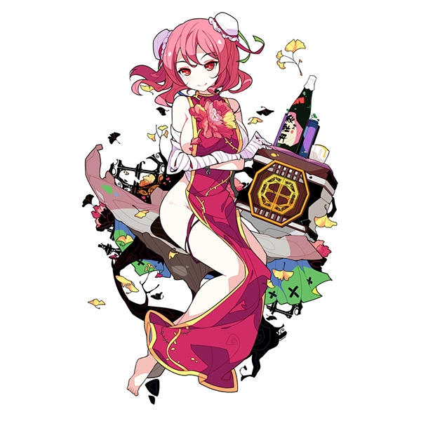 1girl adapted_costume bandages bangs bare_shoulders barefoot bottle breast_hold breasts bun_cover closed_mouth crossed_arms cup double_bun eyebrows eyebrows_visible_through_hair flower full_body ginkgo groin hair_bun ibaraki_kasen ideolo large_breasts looking_at_viewer naked_tabard pink_hair red_eyes rose short_hair sideboob simple_background sleeveless smile solo tabard thighs touhou white_background wine_bottle
