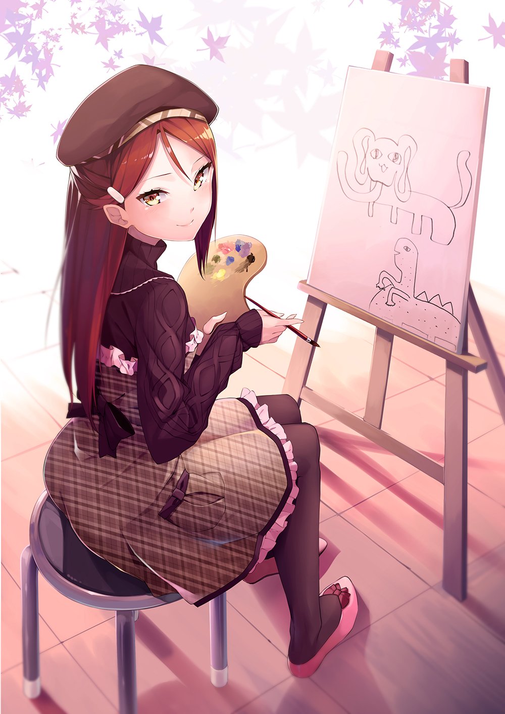 1girl beret canvas_(object) easel ginopi hair_ornament hairclip hat highres love_live! love_live!_sunshine!! palette pantyhose redhead sakurauchi_riko skirt stool yellow_eyes