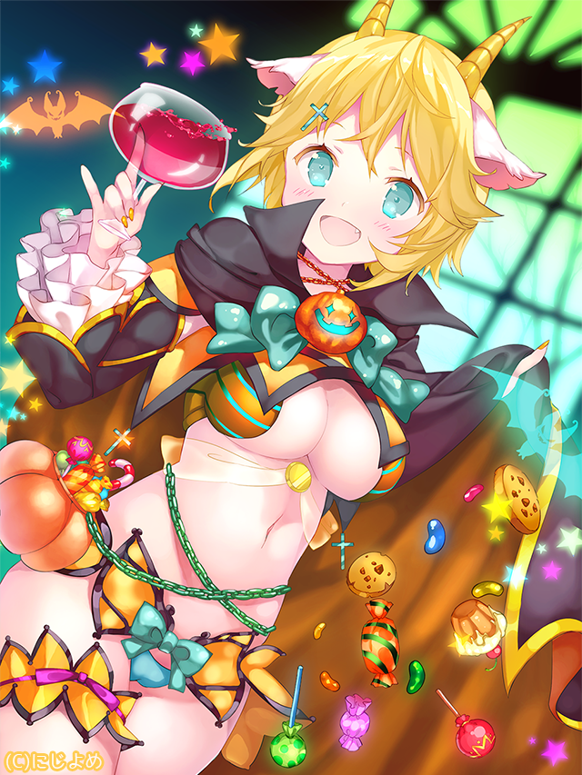 1girl :d animal_ears aqua_eyes aqua_panties bat blonde_hair blush breasts candy candy_cane cape cookie cross cross_hair_ornament dutch_angle ebisque fang food glass glowing hair_ornament halloween halloween_costume holding_glass horns jelly_bean leg_garter long_sleeves medium_breasts nail_polish official_art open_mouth panties short_hair smile solo standing star underwear valhalla_valkyries vampire_costume watermark window wrapped_candy yellow_nails