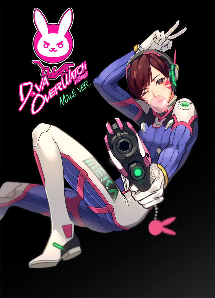 1boy ;) arm_up artist_name bangs black_background bodysuit brown_eyes brown_hair bubble_blowing bubblegum bunny_print character_name clothes_writing copyright_name d.va_(overwatch) facial_mark gearous genderswap genderswap_(ftm) gloves gum gun handgun headphones holding holding_gun holding_weapon looking_at_viewer one_eye_closed overwatch pointing pointing_at_viewer rabbit short_hair simple_background smile solo v weapon whisker_markings white_gloves