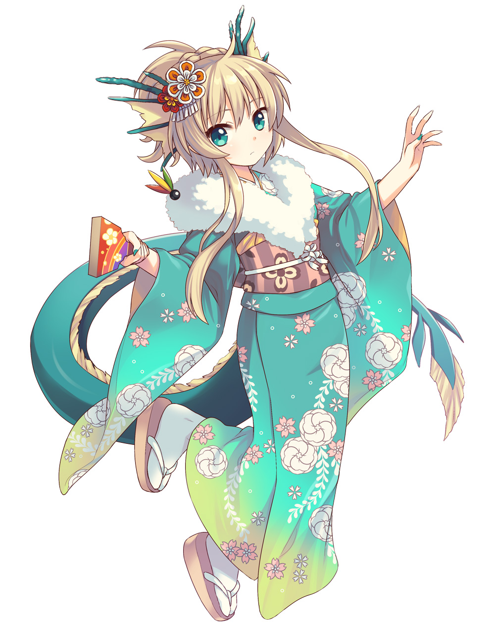 1girl aqua_eyes ball blonde_hair character_request expressionless floral_print flower full_body furisode hair_flower hair_ornament highres holding horns japanese_clothes kimono long_hair long_sleeves nail_polish obi official_art paddle sandals sash sidelocks simple_background solo table_tennis_ball table_tennis_paddle tail white_background wide_sleeves youkai_hyakki-tan!