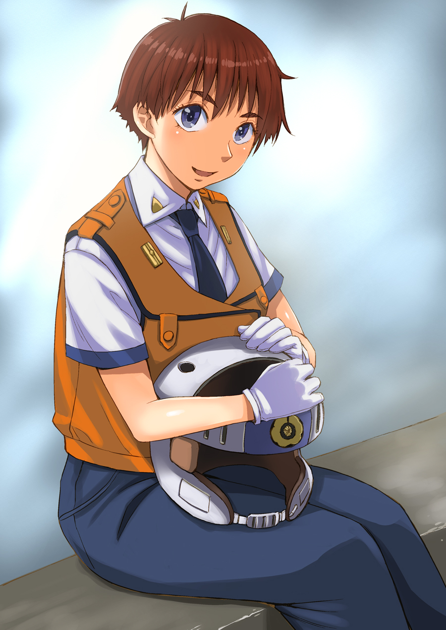 1girl blue_eyes brown_hair gloves headwear_removed helmet helmet_removed highres izumi_noa kidou_keisatsu_patlabor kokuryuugan looking_at_viewer necktie pants police police_uniform shiny shiny_hair short_hair sitting smile solo uniform vest white_gloves