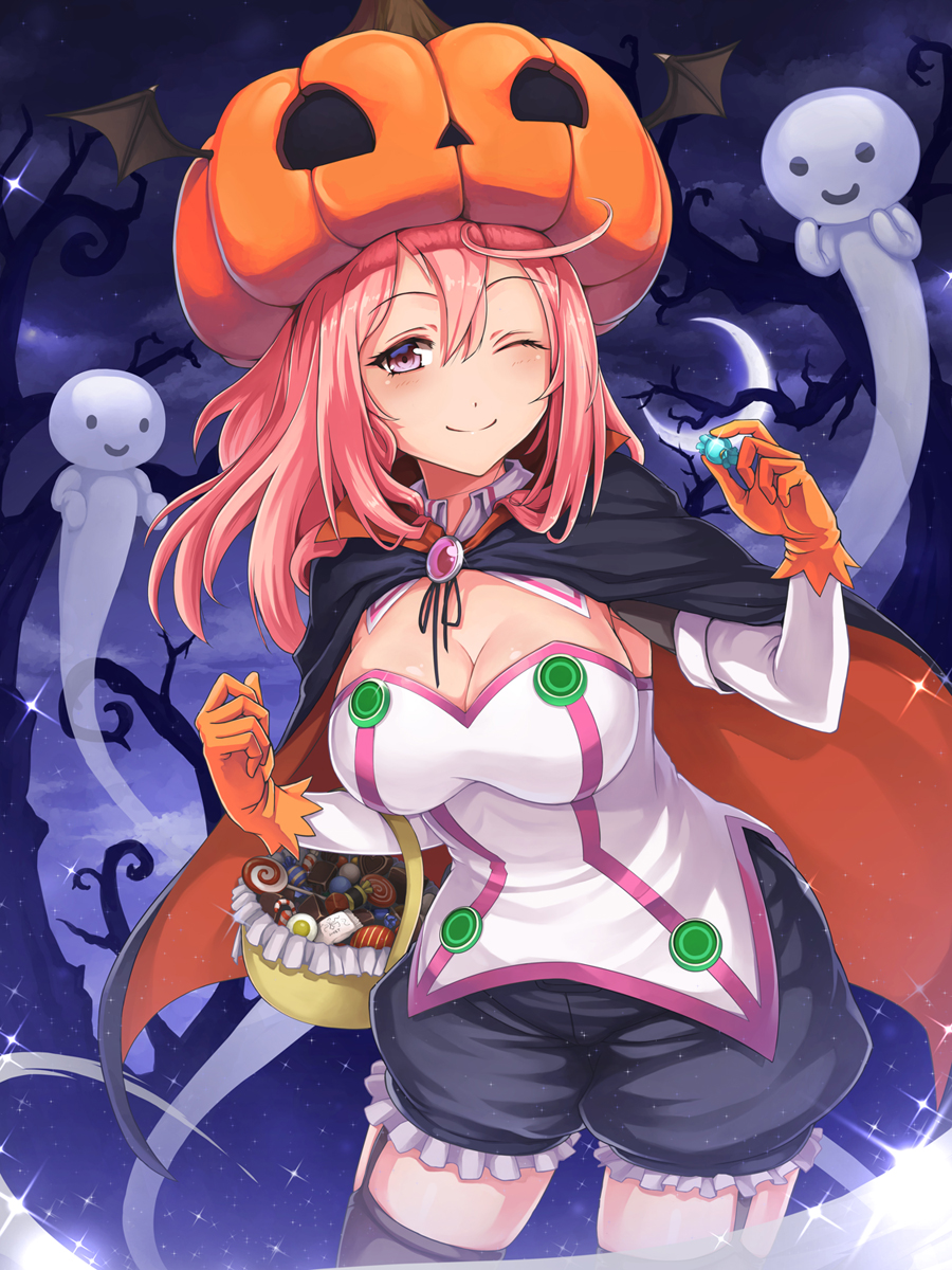 1girl ;) ahoge basket black_legwear bloomers blush breasts candy cape cleavage closed_mouth cowboy_shot demon_wings detached_collar eyebrows eyebrows_visible_through_hair food garter_straps ghost gloves hair_between_eyes halloween highres holding holding_food jack-o'-lantern jchoy lollipop long_hair looking_at_viewer medium_breasts night one_eye_closed orange_gloves original outdoors pink_eyes pink_hair smile sparkle swirl_lollipop thigh-highs underwear wing_collar wings wrapped_candy