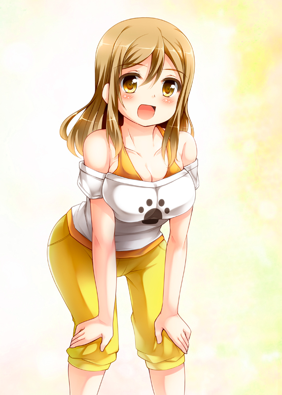 1girl blush breasts brown_eyes brown_hair cleavage collarbone commentary_request eyebrows eyebrows_visible_through_hair hands_on_own_knees kunikida_hanamaru looking_at_viewer love_live! love_live!_sunshine!! medium_breasts medium_hair off_shoulder open_mouth paw_print solo tekehiro