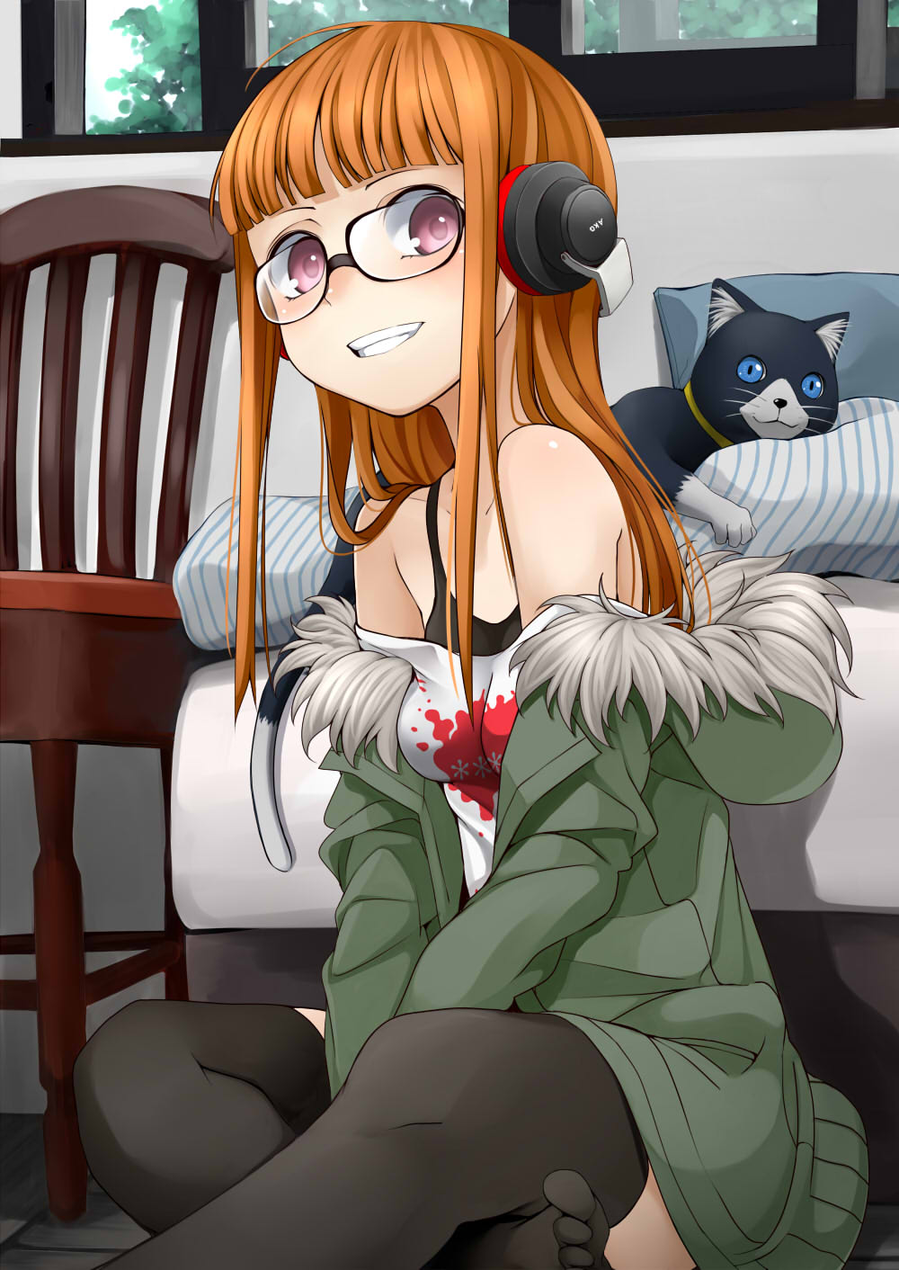 1girl cat chair fur_trim glasses headphones highres jacket long_hair morgana_(persona_5) nemu_(nebusokugimi) orange_hair persona persona_5 sakura_futaba
