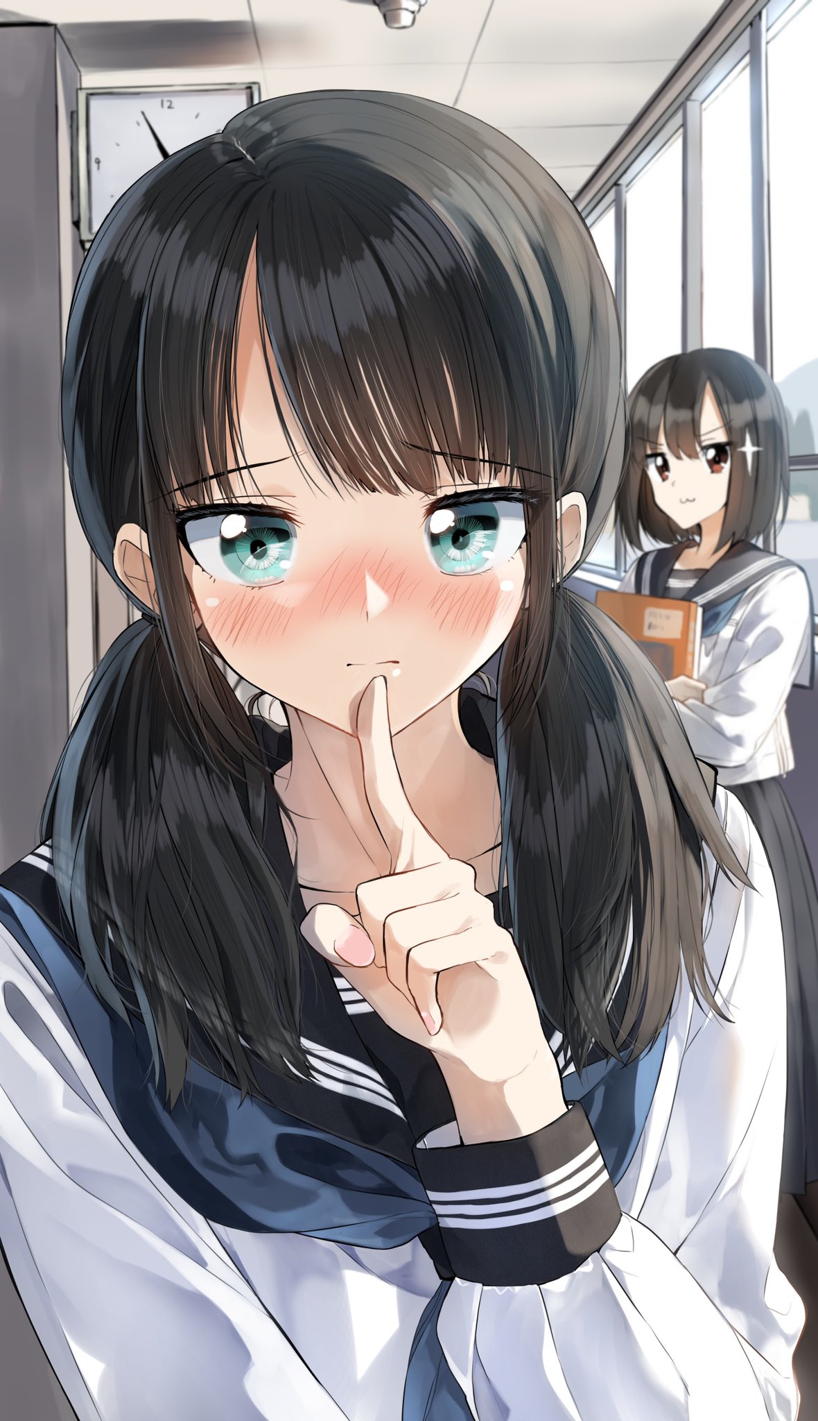 2girls :3 bangs black_hair black_sailor_collar black_skirt blue_eyes blue_neckwear blush clock closed_mouth commentary_request day eyebrows_visible_through_hair finger_to_mouth hair_over_shoulder hand_up highres indoors long_hair long_sleeves low_twintails multiple_girls neckerchief nose_blush original pentagon_(railgun_ky1206) pleated_skirt red_eyes sailor_collar shirt shushing skirt sparkle twintails v-shaped_eyebrows white_shirt window