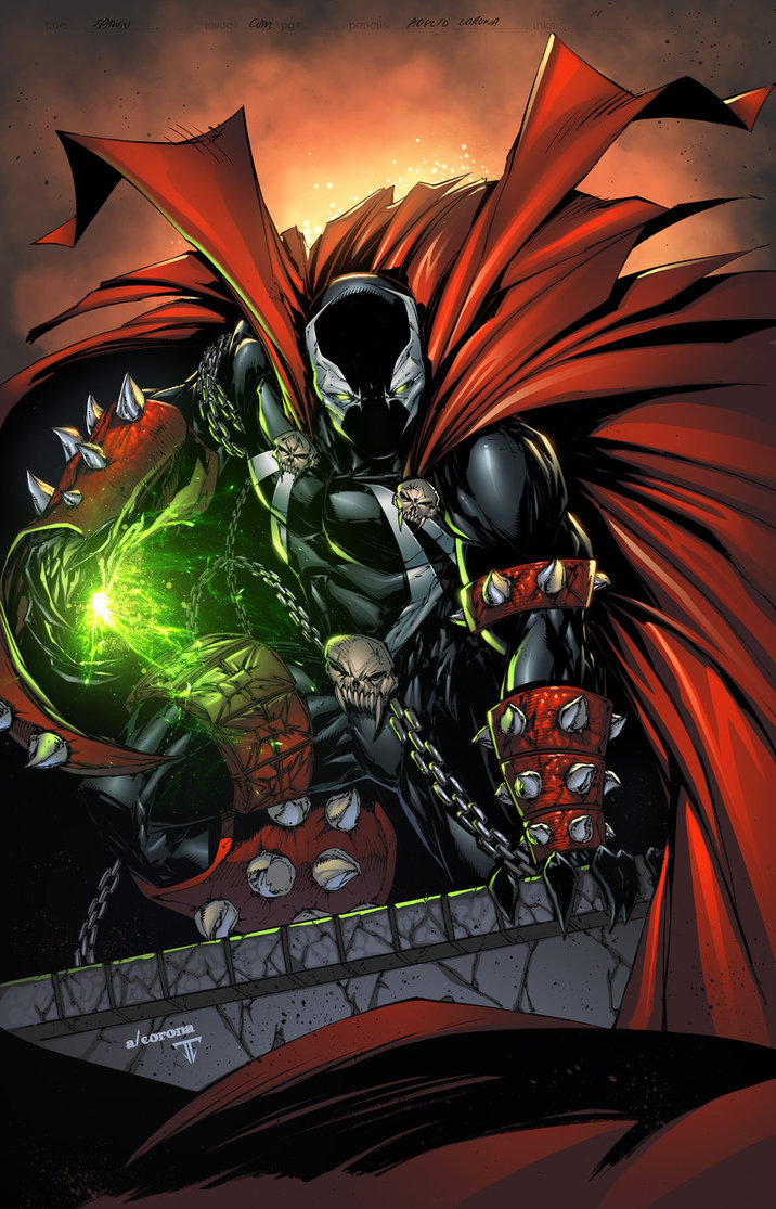 cape chain glowing glowing_eyes green_eyes magic mask skull spawn spawn_(spawn) spikes superhero