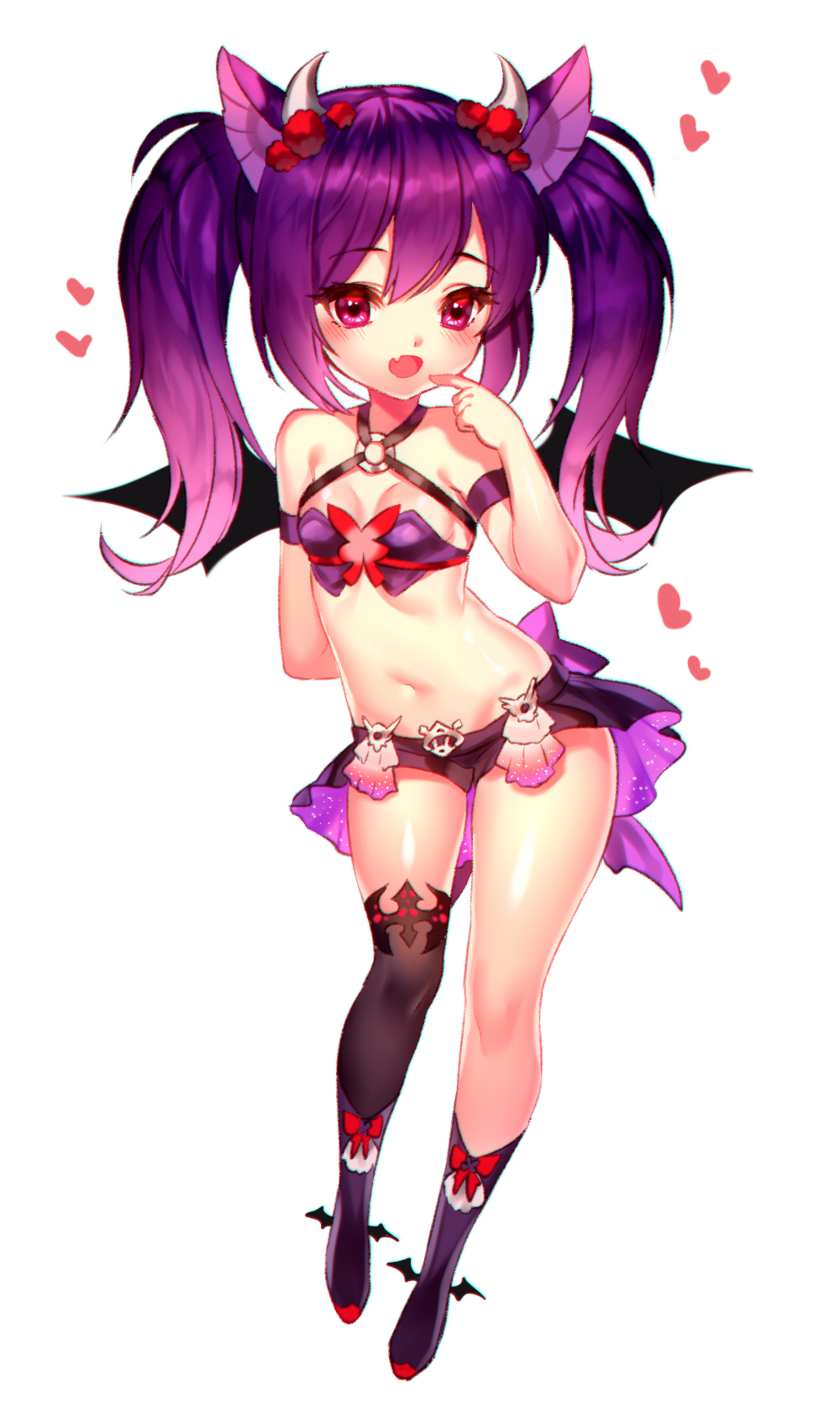 1girl animal_ears asymmetrical_legwear black_joa breasts cleavage demon_girl dom_wings hair_ornament heart highres horns long_hair mabinogi navel purple_hair simple_background small_breasts solo succubus thigh-highs twintails white_background