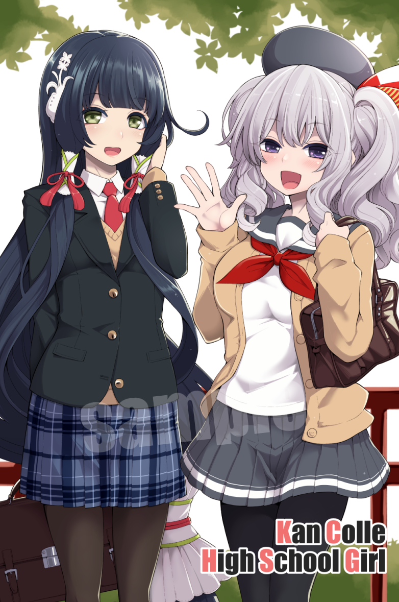 2girls :d alternate_costume arm_behind_back bag beret black_hair black_legwear black_shoes blazer blouse blue_eyes blue_skirt blush breasts briefcase brown_legwear brown_shoes cardigan collared_shirt contemporary cover cover_page doujin_cover dress_shirt eyebrows eyebrows_visible_through_hair green_eyes grey_eyes grey_hat grey_skirt hair_ornament hair_tubes hair_tucking hanauna hat holding_bag jacket kantai_collection kashima_(kantai_collection) large_breasts loafers long_hair long_sleeves looking_at_viewer low-tied_long_hair medium_breasts miniskirt mizuho_(kantai_collection) multiple_girls neckerchief necktie open_cardigan open_clothes open_mouth palms pantyhose partially_unbuttoned plaid plaid_skirt pocket red_necktie red_ribbon ribbon sample school_bag school_uniform serafuku shirt shoes shoulder_bag sidelocks silver_hair skirt smile standing striped sweater_vest tassel twintails very_long_hair violet_eyes waving wavy_hair white_blouse white_shirt