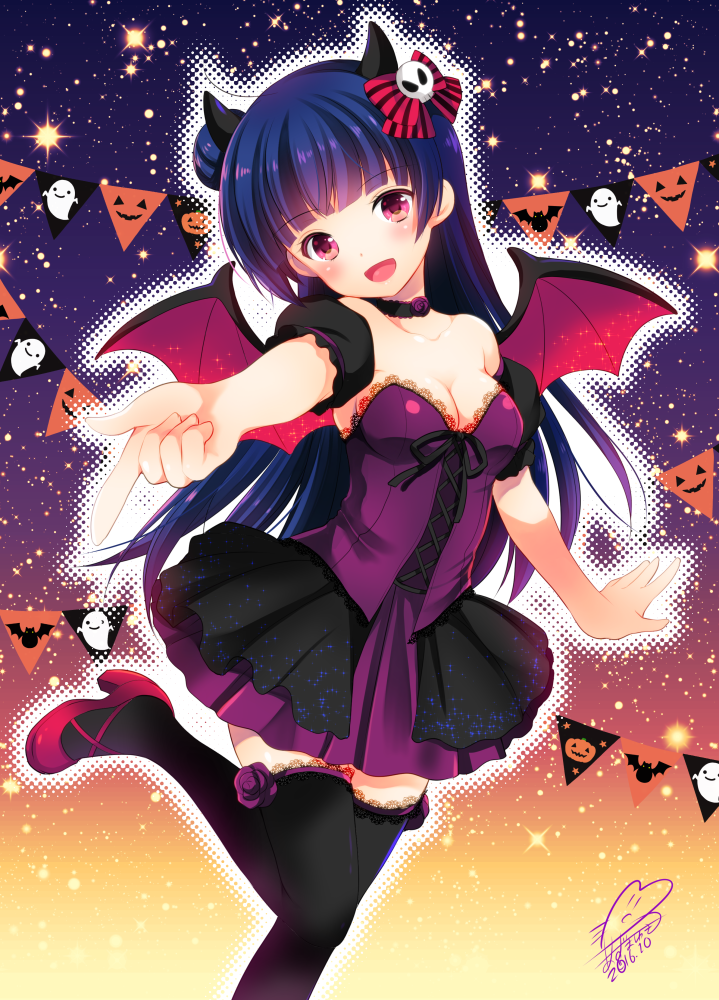 1girl azuma_yuki bangs bare_shoulders bat_wings black_legwear blue_hair blunt_bangs bow breasts cleavage commentary_request fake_horns hair_bun halloween halloween_costume long_hair looking_at_viewer love_live! love_live!_sunshine!! off_shoulder open_mouth red_eyes solo striped striped_bow thigh-highs tsushima_yoshiko wings