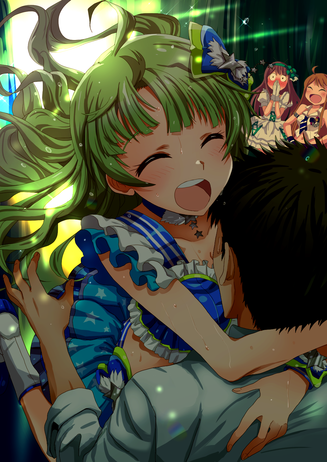 1boy 3girls ^_^ ahoge black_hair blue_skirt blush breasts brown_hair choker cleavage closed_eyes commentary_request covering_mouth crop_top dress frilled_skirt frills full-face_blush gloves green_hair hair_ribbon hairband hands_on_hips highres hug idolmaster idolmaster_million_live! long_hair multiple_girls necktie o_o open_mouth puffy_short_sleeves puffy_sleeves ribbon run_p_(aveton) shimabara_elena short_hair short_sleeves skirt sleeveless smile surprised sweat tanaka_kotoha tokoro_megumi white_dress white_gloves wide-eyed