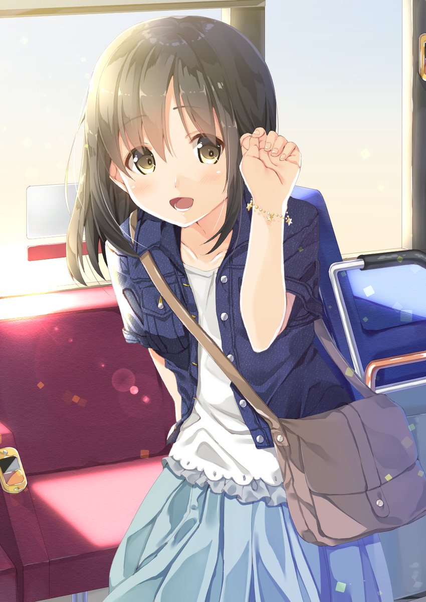 1girl abcd2345 bag blue_skirt blush brown_eyes brown_hair bus ground_vehicle long_hair looking_away motor_vehicle open_mouth original shirt shoulder_bag skirt sunlight white_shirt wristlet