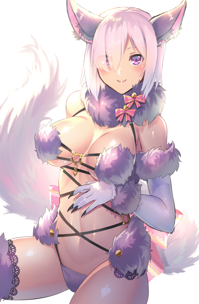1girl aguy alternate_costume animal_ears bare_shoulders breasts claws fate/grand_order fate_(series) lace medium_breasts purple_hair purple_legwear shielder_(fate/grand_order) simple_background smile solo tail violet_eyes white_background wolf_ears wolf_tail